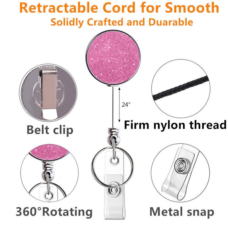 Boutilon Retractable Badge Holder, Retractable Badge Reels,Lightweight Plastic Badge Reel Card Holder with Key Ring Backing Belt Clip for Nurse,Volunteer,Teacher,Student(Glitter Pink Silver 2pack) - Image 3